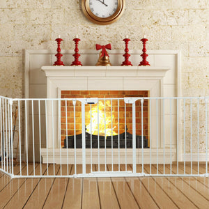 Adjustable 5-panel fireplace fence for babies and pets, 115 inches long, shown at angle 16.