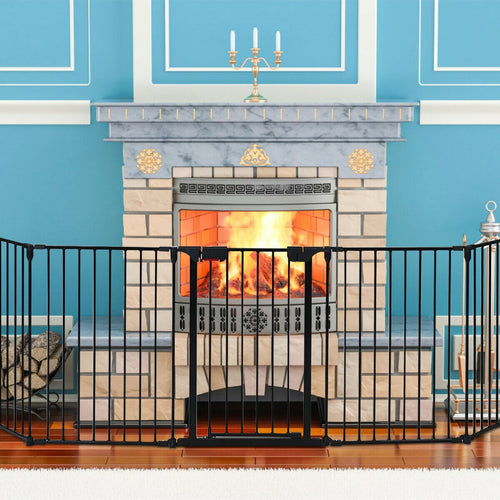 Adjustable 5-panel fireplace fence for pets, 115 inches long, angled view showcasing safety and versatility.