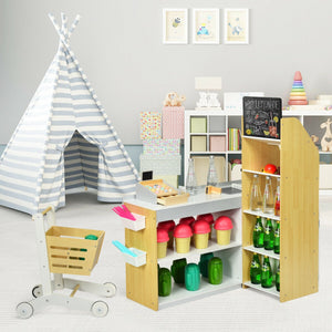 Kids Grocery Store Playset Wooden Pretend Play Supermarket with Shopping Cart