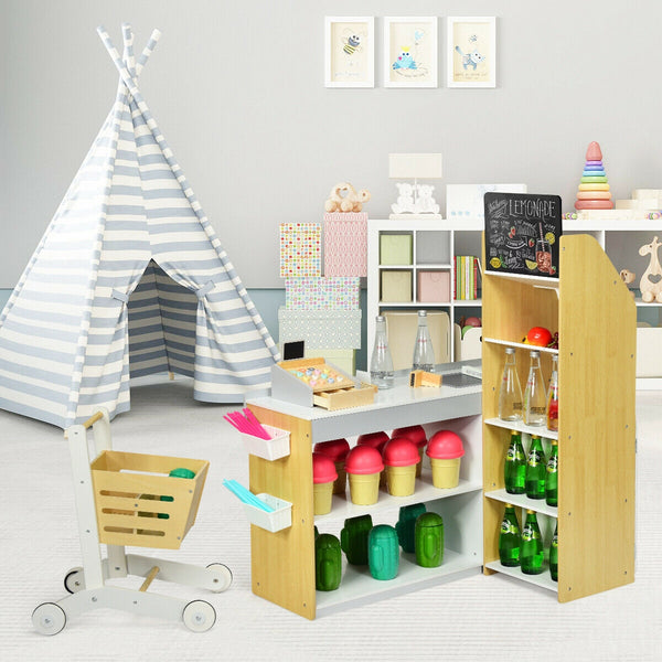 Kids Grocery Store Playset Wooden Pretend Play Supermarket with Shopping Cart