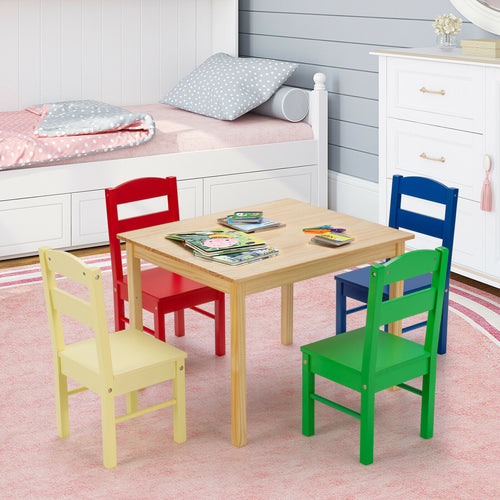 5 pcs Kids Pine Wood Multicolor Table Chair Set for playtime and learning in a vibrant, safe design.