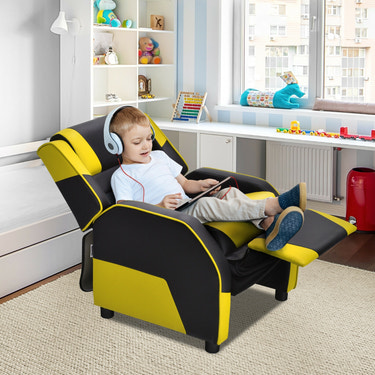 Kids PU leather gaming sofa recliner with headrest and footrest for ultimate comfort and style in bedding and sleep.