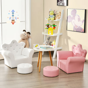 Pink kids sofa with armrests and ottoman, perfect for playrooms and nurseries, shown from angle 9.