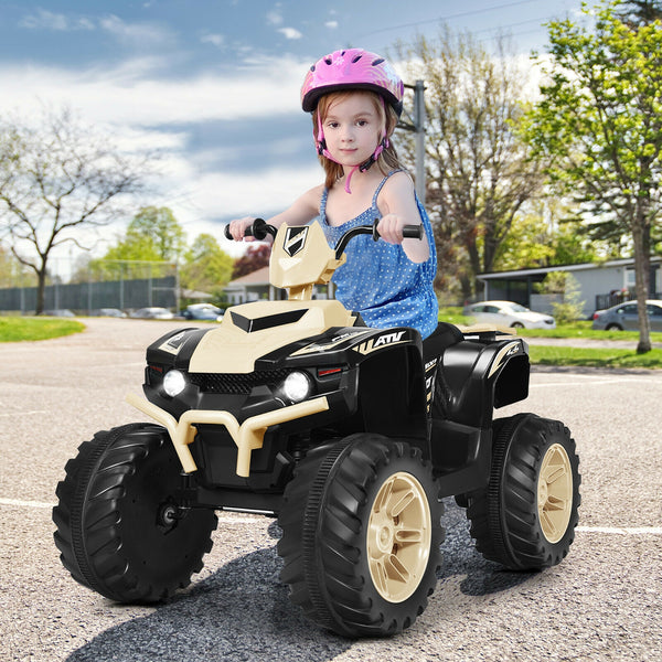 12V Kids Ride-On ATV with LED lights, treaded tires, and fun design for outdoor adventures.