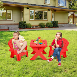 3-piece plastic children table and chair set for kids, angled view showcasing vibrant colors and sturdy design.
