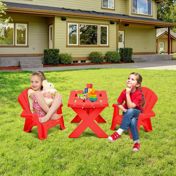 3-piece plastic children table and chair set for kids, angled view showcasing vibrant colors and sturdy design.