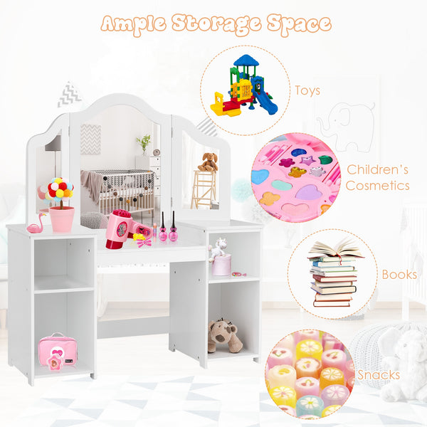 Kids tri-folding mirror makeup vanity table set for stylish playtime and dressing fun. Angle 6 view.