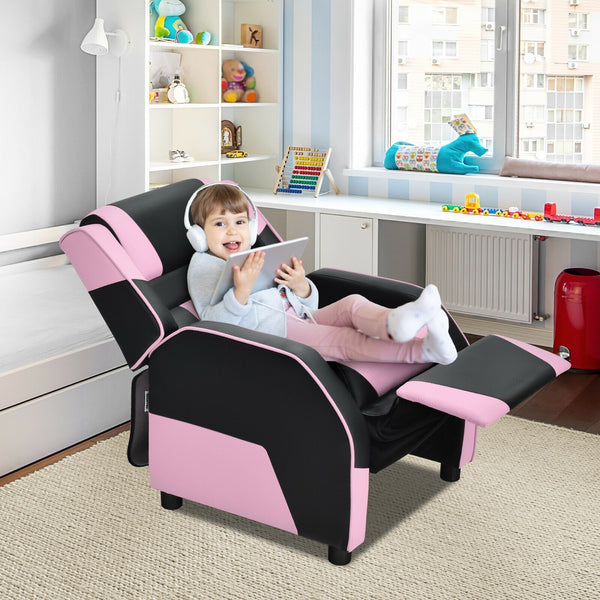 Kids PU leather gaming sofa recliner with headrest and footrest, perfect for comfortable play and sleep. Angle 33 view.