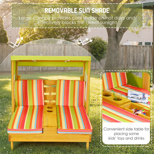 Kids patio lounge chair with cup holders and awning, perfect for outdoor play and relaxation. Angle 7 view.