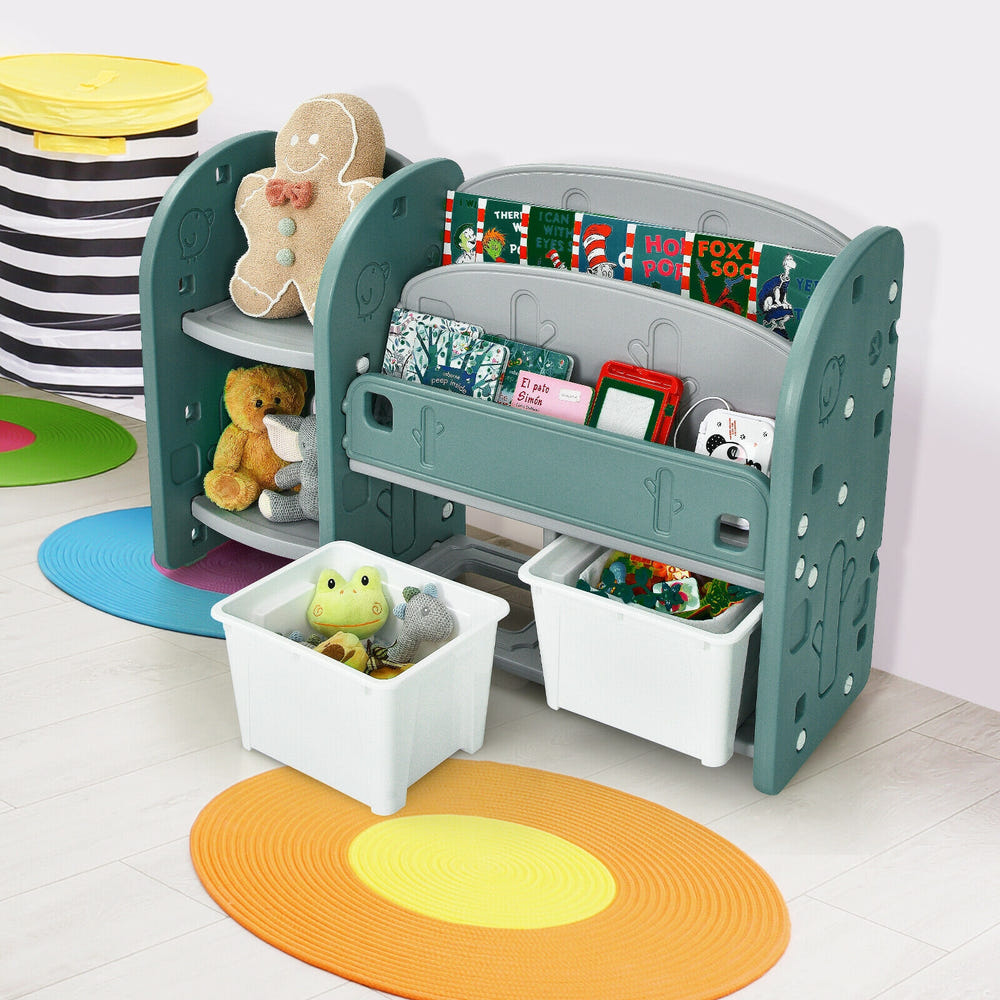 Kids toy storage organizer with 2-tier bookshelf and colorful plastic bins for tidy playrooms and bedrooms.