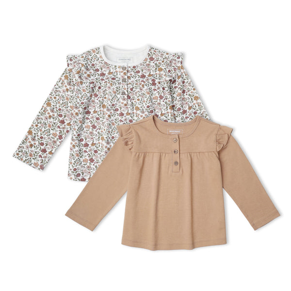 Organic Ruffle Sleeve Top Set of 2 - Woodland Sprig + Taupe