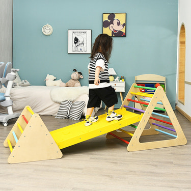 3 in 1 Wooden Set of 2 Triangle Climber with Ramp for Slid for Toddlers & Kids