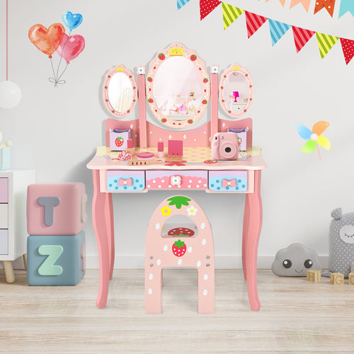 Kids Vanity Princess Makeup Dressing Table Chair Set with Tri-fold Mirror for imaginative play and stylish dressing.