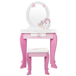 Kids wooden makeup dressing table set with chair, mirror, and drawer, perfect for imaginative play. Angle 8 view.