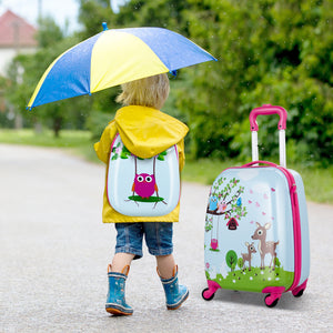 Green ABS kids suitcase set, 12-inch and 16-inch, perfect for travel with babies and toddlers.