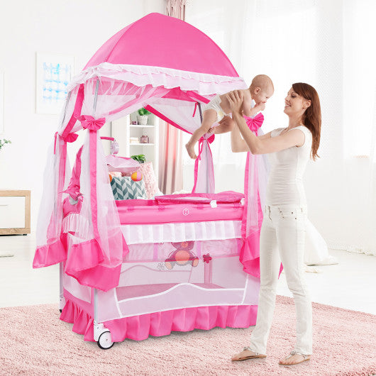 Portable Baby Playpen Crib Cradle with Carring Bag-Pink