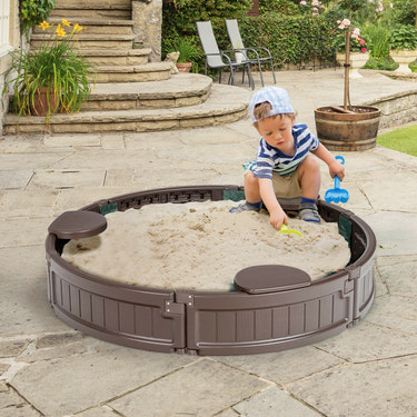 Sandbox with Built-in Corner Seat and Cover - Wooden