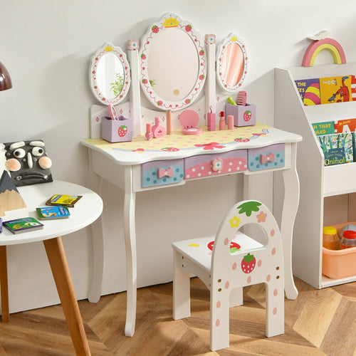 Kids Vanity Princess Makeup Dressing Table Set with Tri-fold Mirror and Chair, perfect for imaginative play.