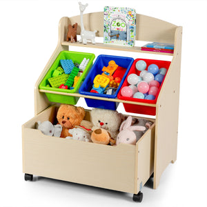 Kids wooden toy storage unit with rolling toy box and colorful plastic bins, perfect for organizing playrooms.