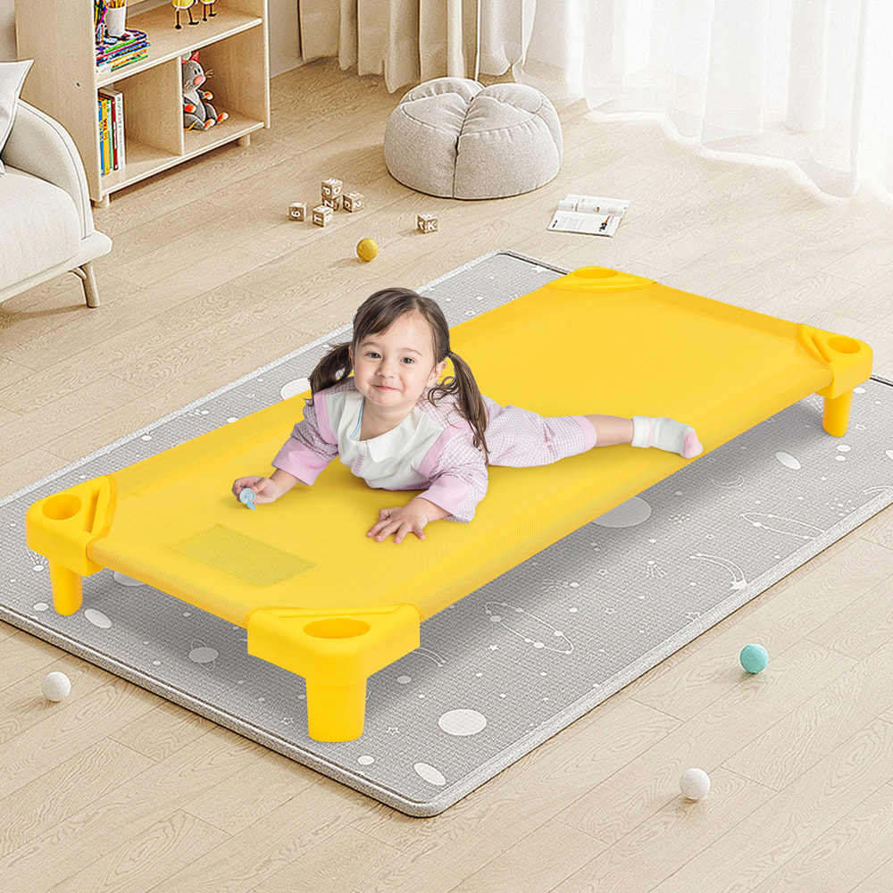 Colorful pack of 4 stackable naptime cots for kids, perfect for bedding and sleep solutions.