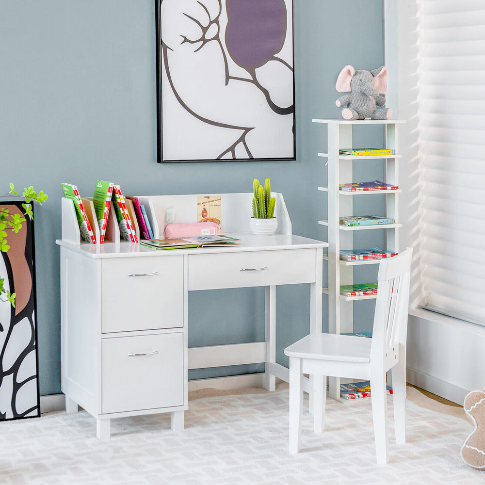Kids wooden writing furniture set with drawer and storage cabinet for creative play and organization.