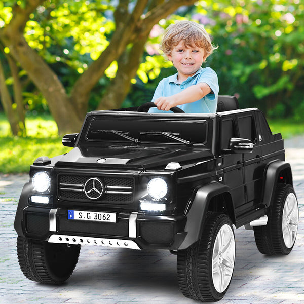12V licensed Mercedes-Benz kids ride-on car in angle view, perfect toy for young car enthusiasts.