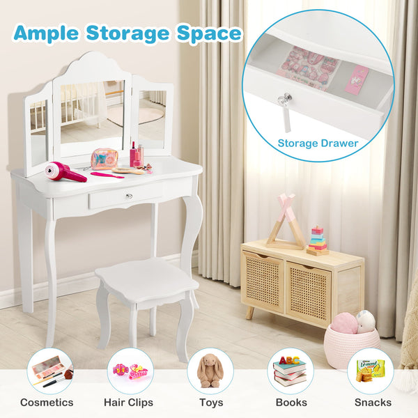 Kids makeup dressing mirror vanity table set with stool, perfect for imaginative play and grooming fun.