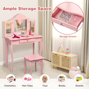 Kids makeup vanity table set with mirror and stool, perfect for imaginative play and dressing up.
