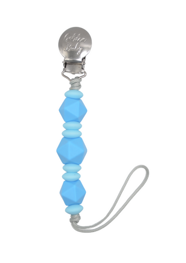 Harley Clip in blue, stylish pacifier clip for babies, keeps pacifiers secure and within reach.