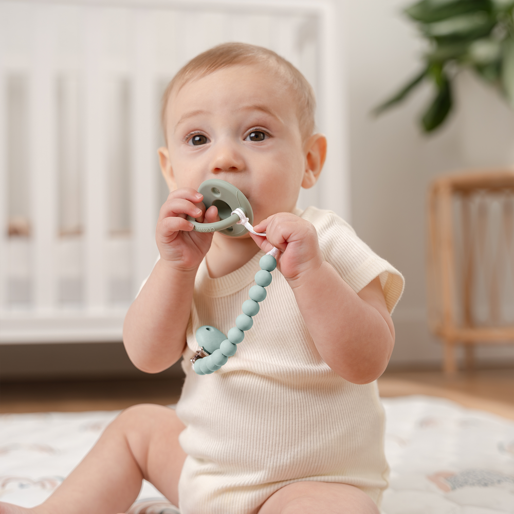 Earth Green Pacifier Clips, 2 Pack - Stylish and functional baby accessory for secure pacifier attachment.