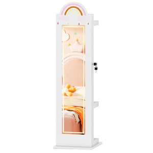 3 In 1 Kids Jewelry Cabinet Freestanding Jewelry Armoire with 3-Color Lighted Mirror-White