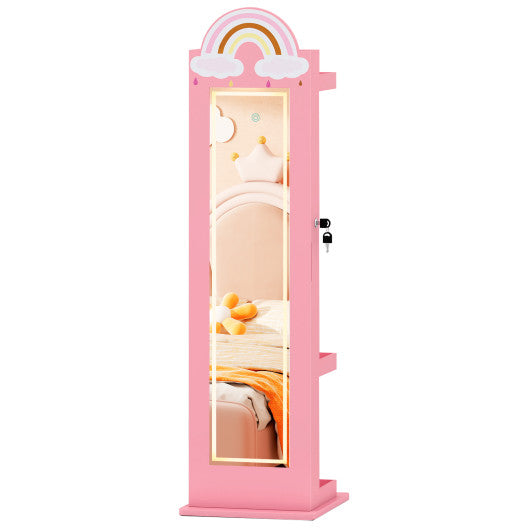 3 In 1 Kids Jewelry Cabinet Freestanding Jewelry Armoire with 3-Color Lighted Mirror-Pink