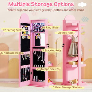 3 In 1 Kids Jewelry Cabinet Freestanding Jewelry Armoire with 3-Color Lighted Mirror-Pink