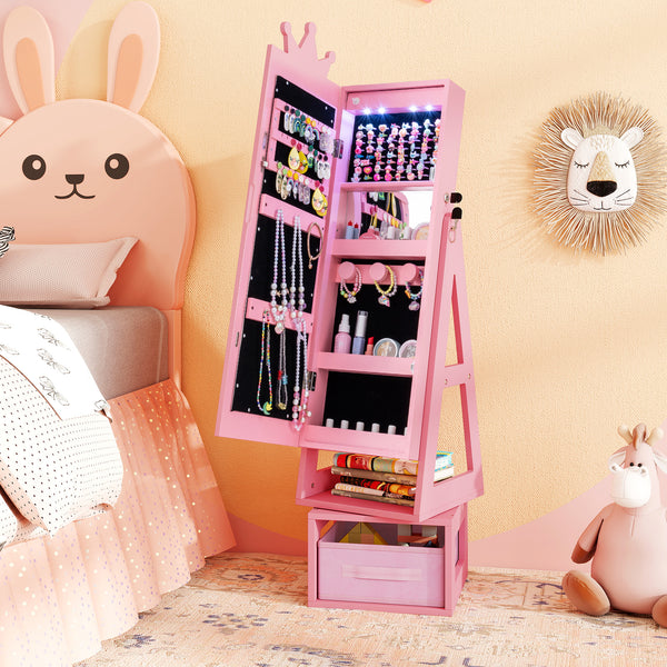 3 In 1 Kids Jewelry Cabinet with lighted mirror, perfect for organizing accessories and adding fun to kids' rooms.
