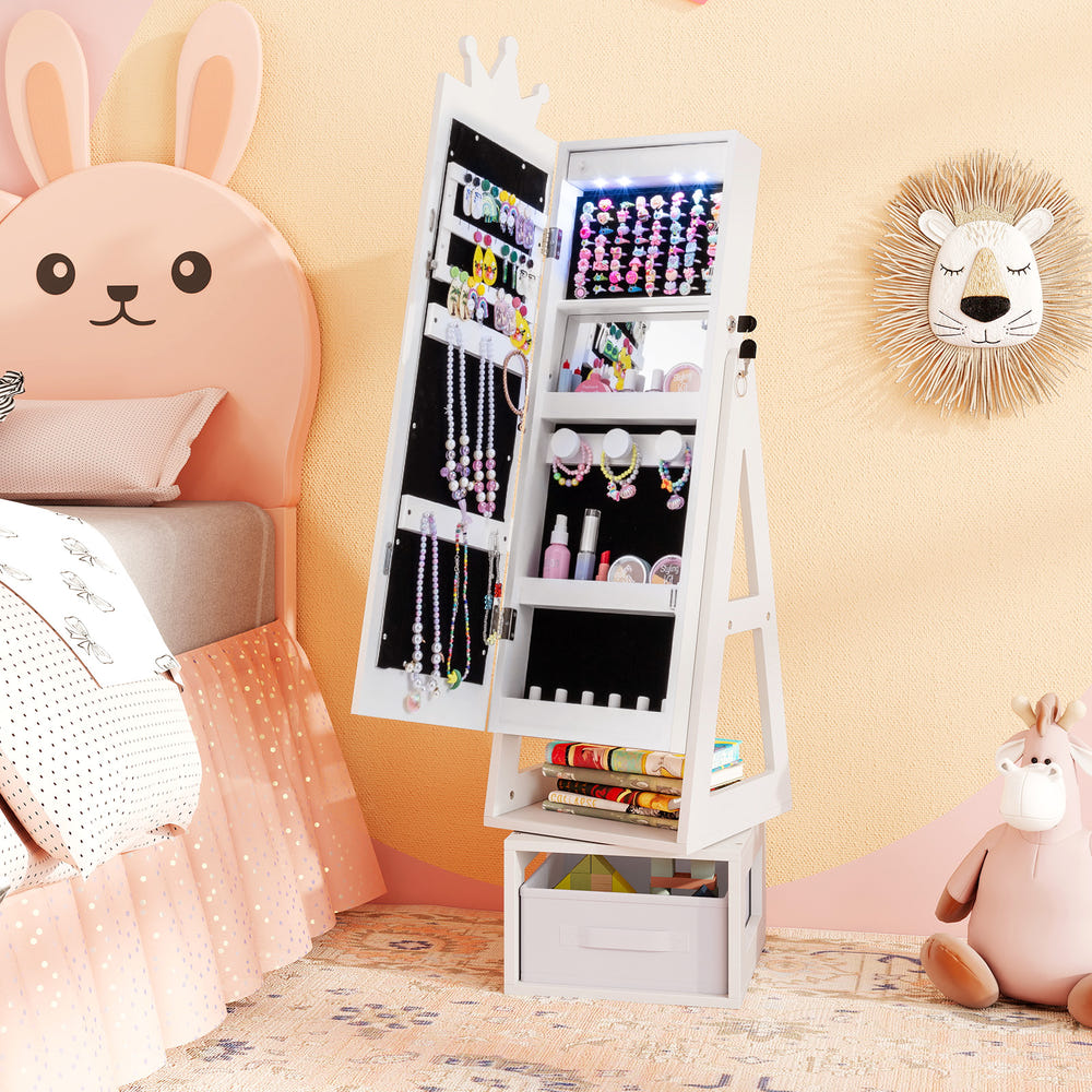 3 In 1 Kids Jewelry Cabinet with lighted mirror, perfect for organizing accessories and adding style to kids' rooms.