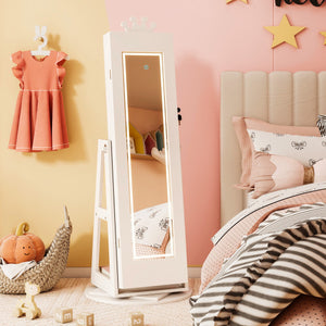 3 In 1 Kids Jewelry Cabinet with 3-Color Lighted Full Length Mirror and Internal Mirror-White