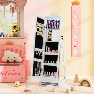 3 In 1 Kids Jewelry Cabinet with 3-Color Lighted Full Length Mirror and Internal Mirror-White