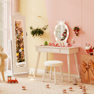 3 In 1 Kids Jewelry Cabinet with 3-Color Lighted Full Length Mirror and Internal Mirror-White