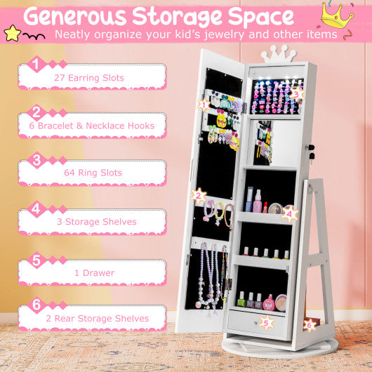 3 In 1 Kids Jewelry Cabinet with 3-Color Lighted Full Length Mirror and Internal Mirror-White