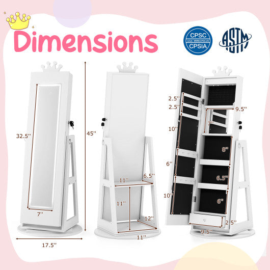 3 In 1 Kids Jewelry Cabinet with 3-Color Lighted Full Length Mirror and Internal Mirror-White