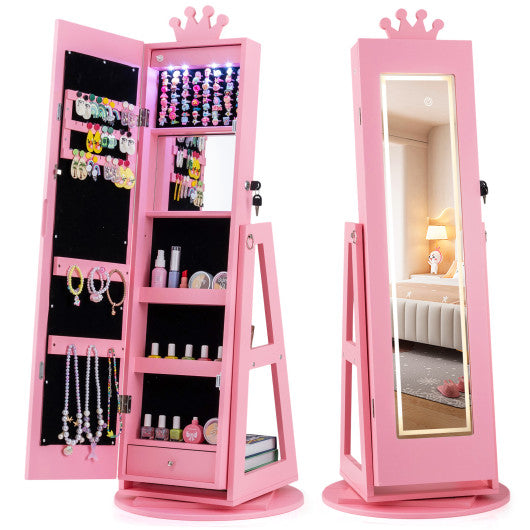 3 In 1 Kids Jewelry Cabinet with 3-Color Lighted Full Length Mirror and Internal Mirror-Pink