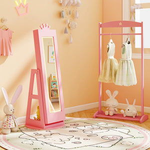 3 In 1 Kids Jewelry Cabinet with 3-Color Lighted Full Length Mirror and Internal Mirror-Pink