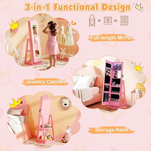 3 In 1 Kids Jewelry Cabinet with 3-Color Lighted Full Length Mirror and Internal Mirror-Pink