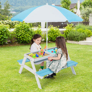 3-in-1 Kids Outdoor Picnic Water Sand Table with Umbrella Play Boxes
