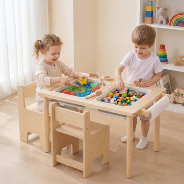 3-Piece Kids Activity Table and Chair Set with Adjustable Height-Natural