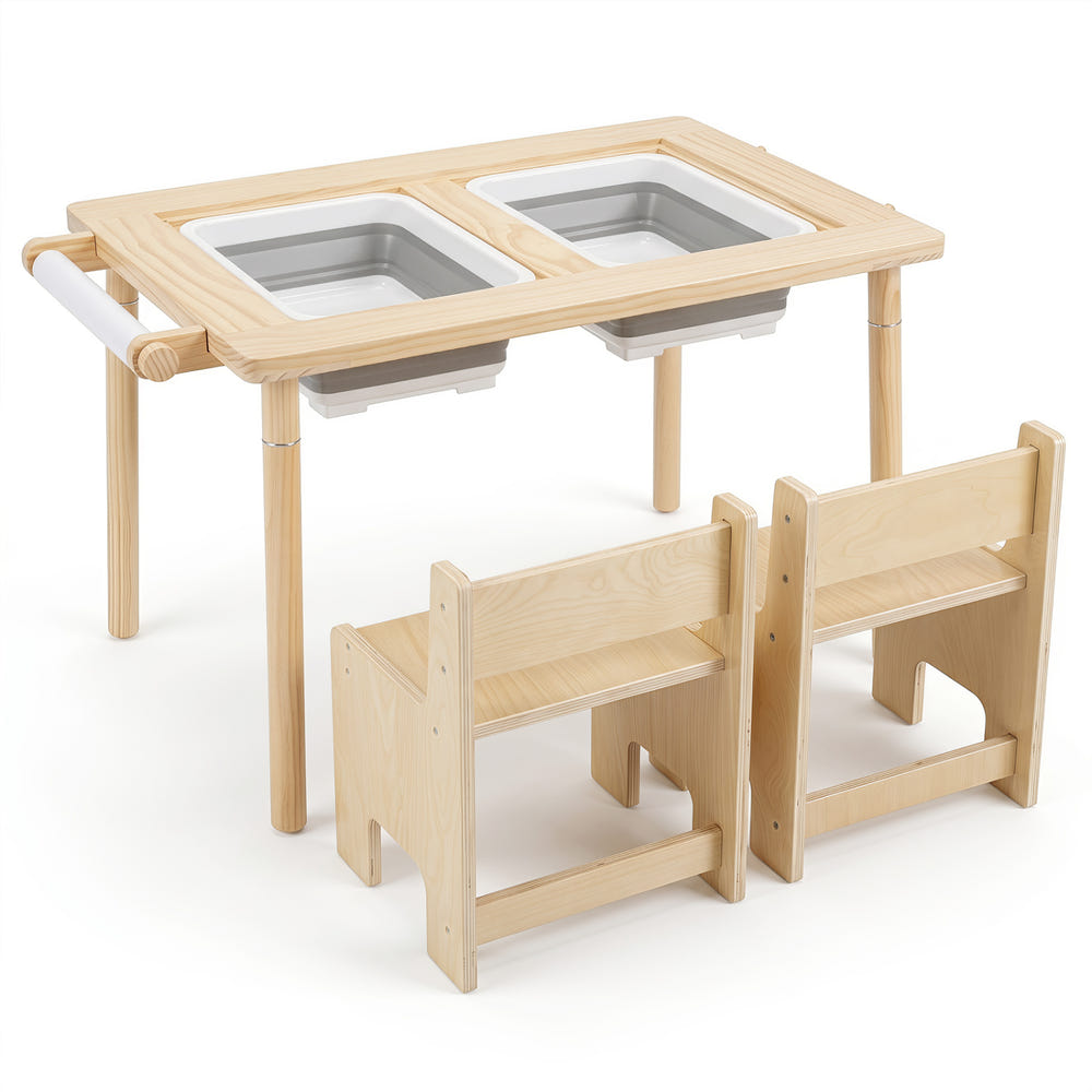 3-Piece Kids Activity Table and Chair Set with Adjustable Height-Natural