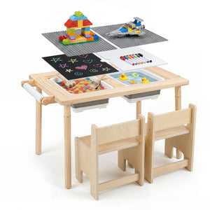 3-Piece Kids Activity Table and Chair Set with Adjustable Height-Natural