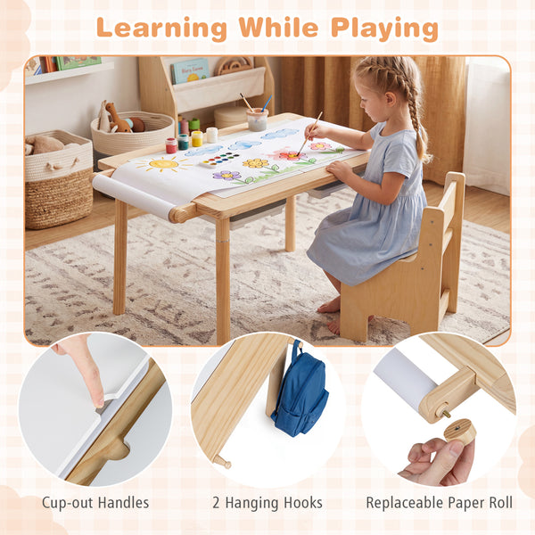 3-Piece Kids Activity Table and Chair Set with Adjustable Height-Natural