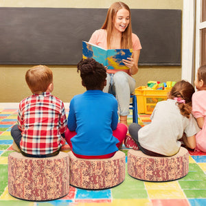 3-Piece Tree Stump Stool Set in Dark Walnut for kids' table and chair decor, featuring nature-inspired wood printing.