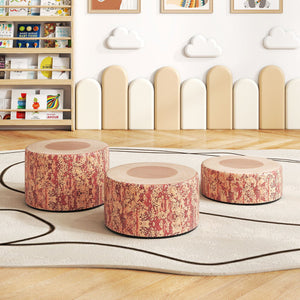 3-Piece Tree Stump Stool Set in Dark Walnut for kids, featuring nature-inspired wood printing - Angle 2 view.